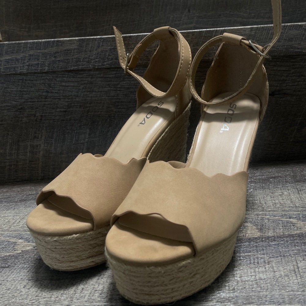 Soda Tan Wedge Sandals with Ankle Strap